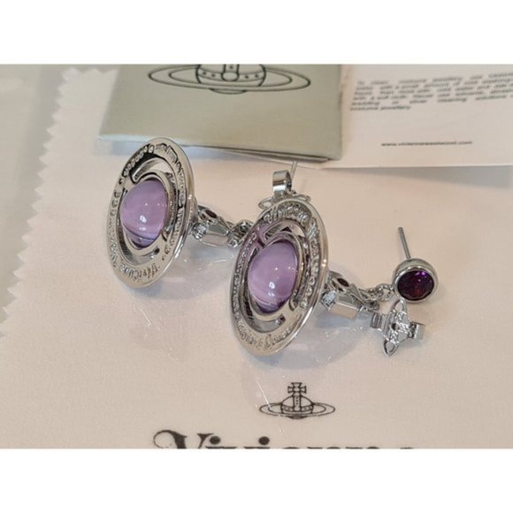 Vivienne Westwood 3D silver tone Purple Orb drop Earrings New with Box - Picture 9 of 12